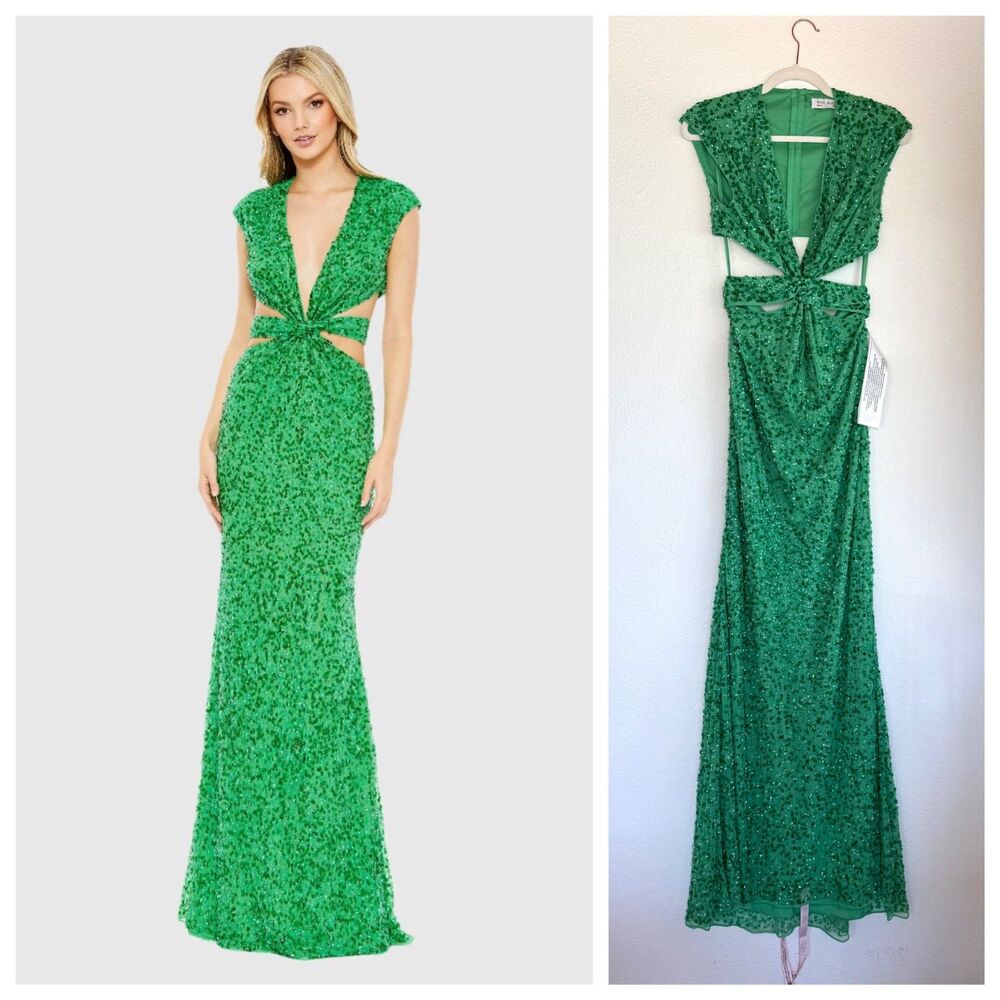 NWT Mac Duggal Cutout Waist Sequin Deep V-Neck Sleeveless Gown in Spring Green 4